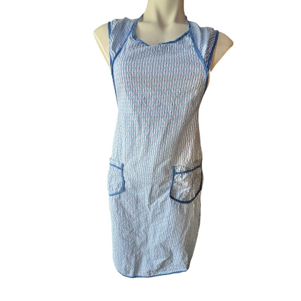 Handmade Blue & White Apron Sleeveless Front Pockets Adjustable Ties Cotton VTG